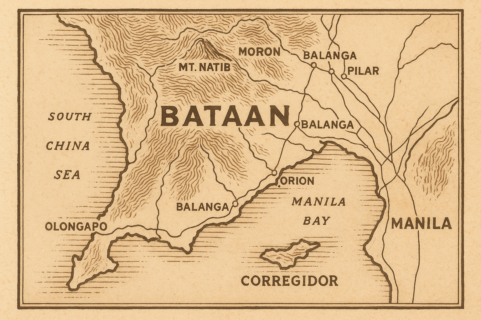 Vintage WWII map of the Philippines highlighting Bataan and Corregidor islands