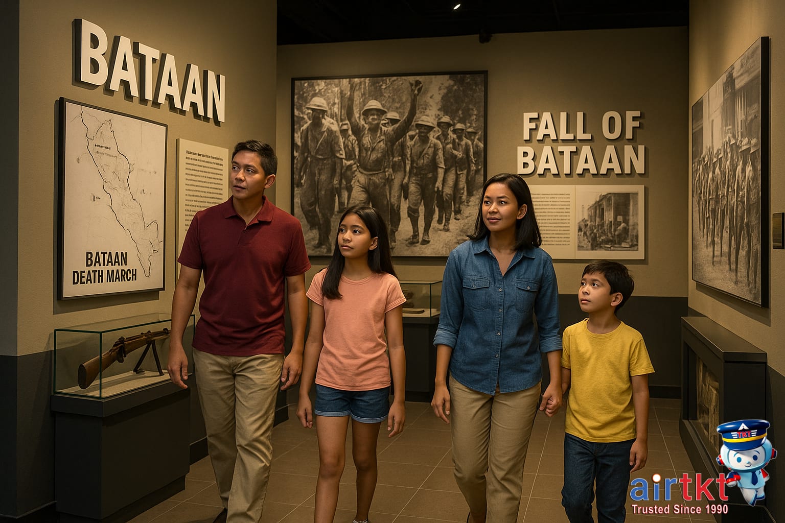 Family visiting Bataan WWII museum exhibits with interactive displays and guide
