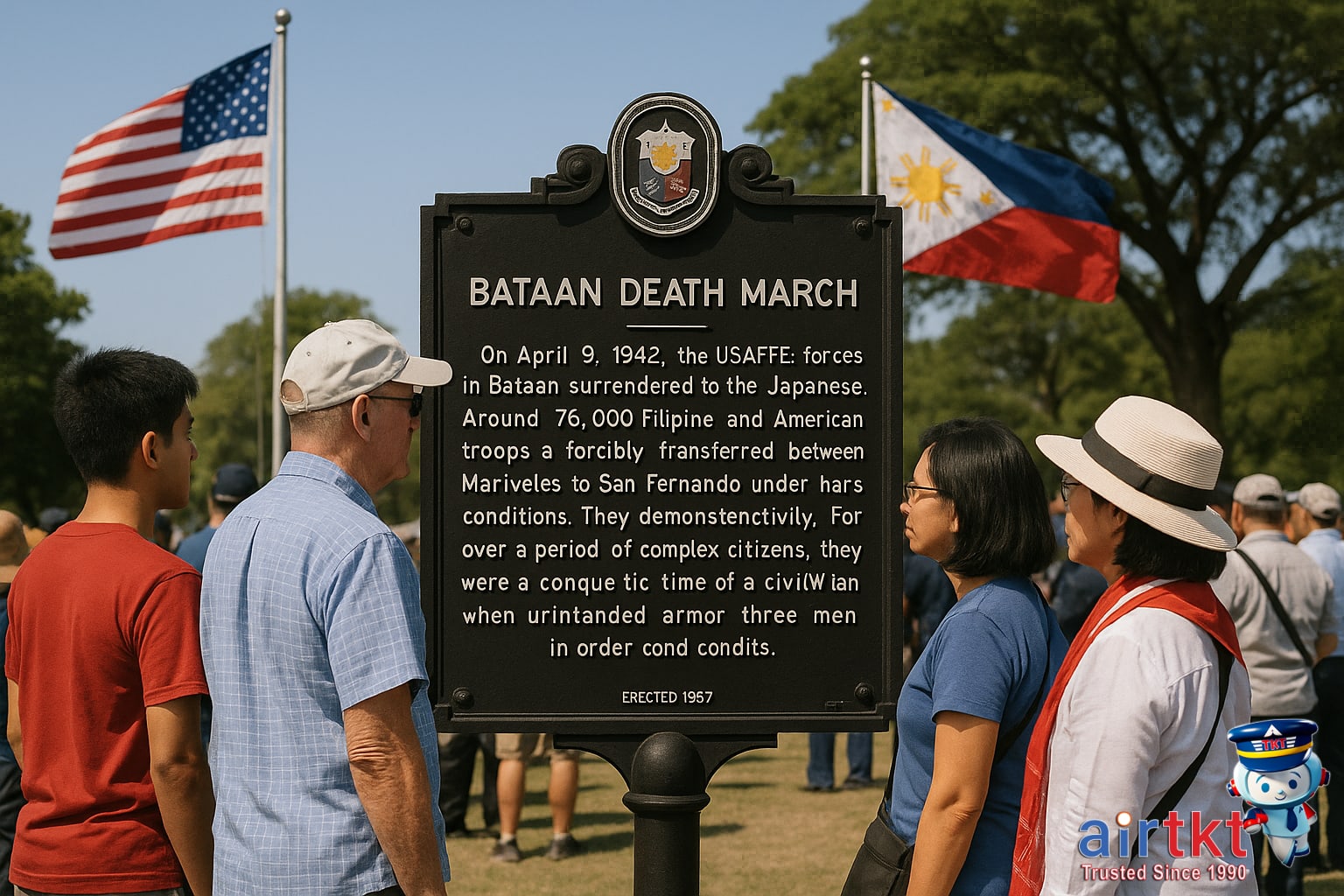 Bataan Death March marker with visitors on Araw ng Kagitingan in the Philippines
