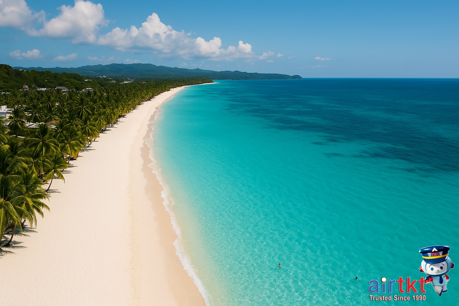 Aerial view of iconic Boracay white sand beaches and turquoise sea