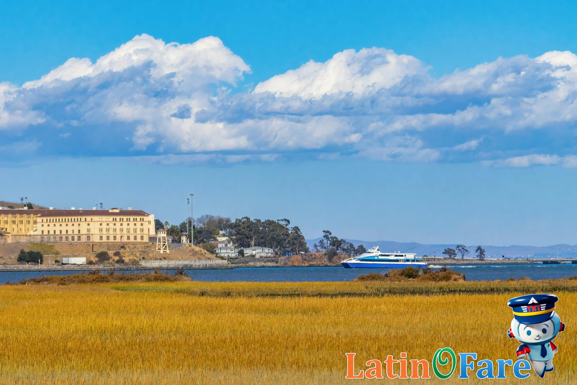 Tourists riding San Francisco ferry with scenic city view and city skyline in background