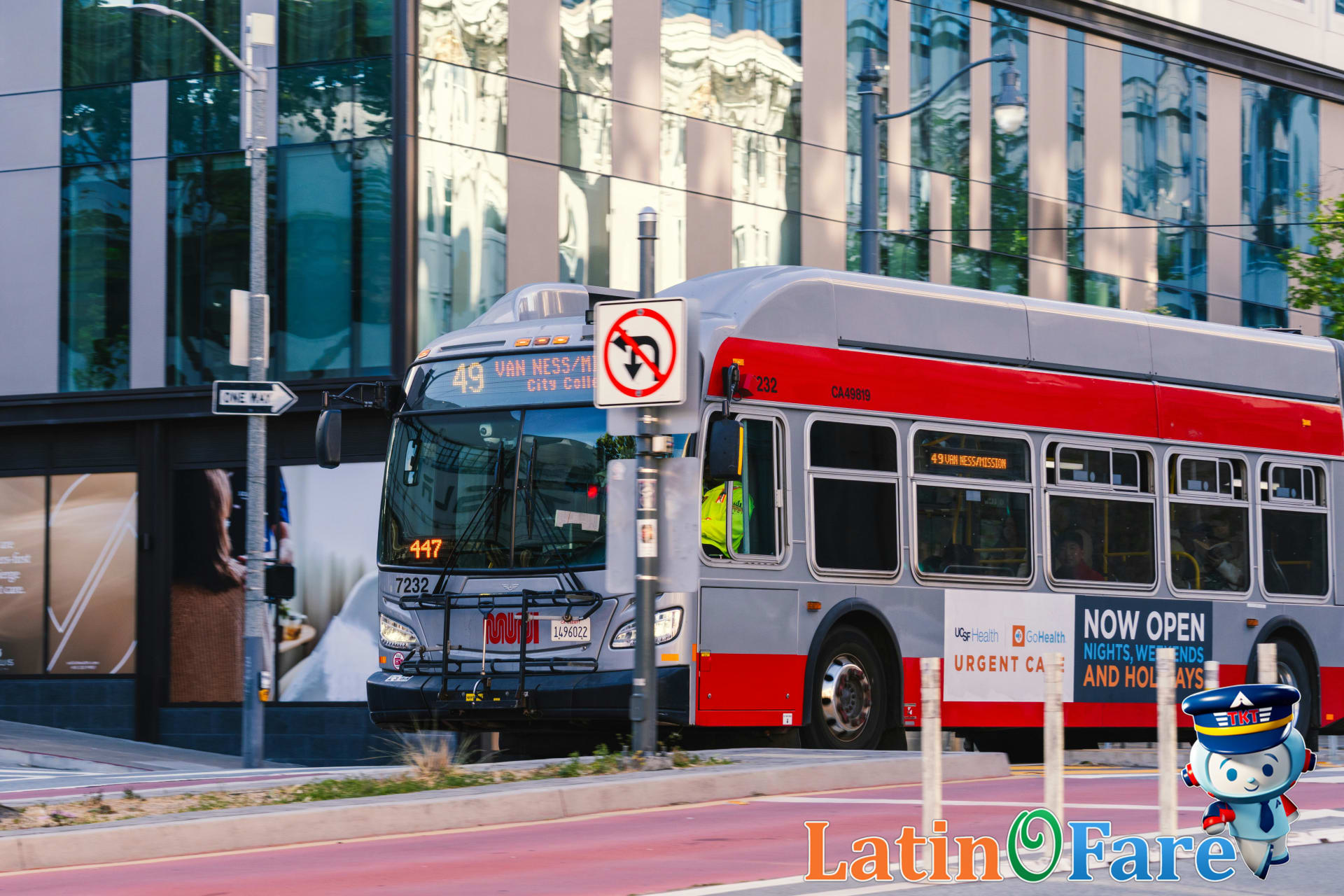 Visitors boarding San Francisco Muni bus in busy city center with transit signs visible