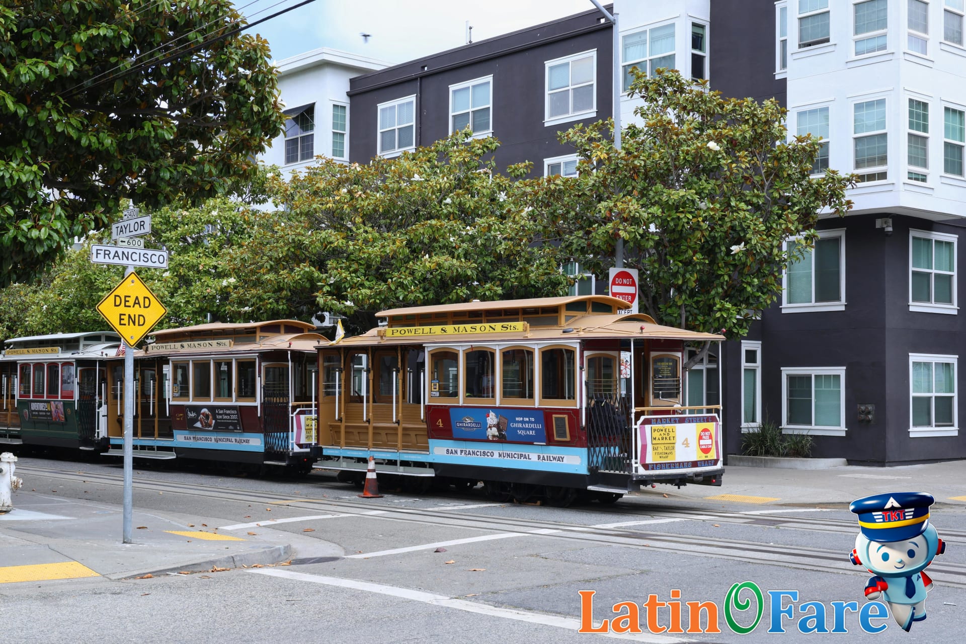 San Francisco cable car travels up famous city hills on Powell Street.
