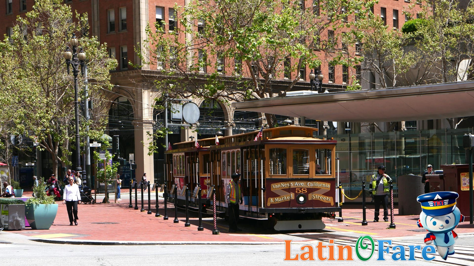 San Francisco streetcar and cable car with city skyline at sunset transport keyword