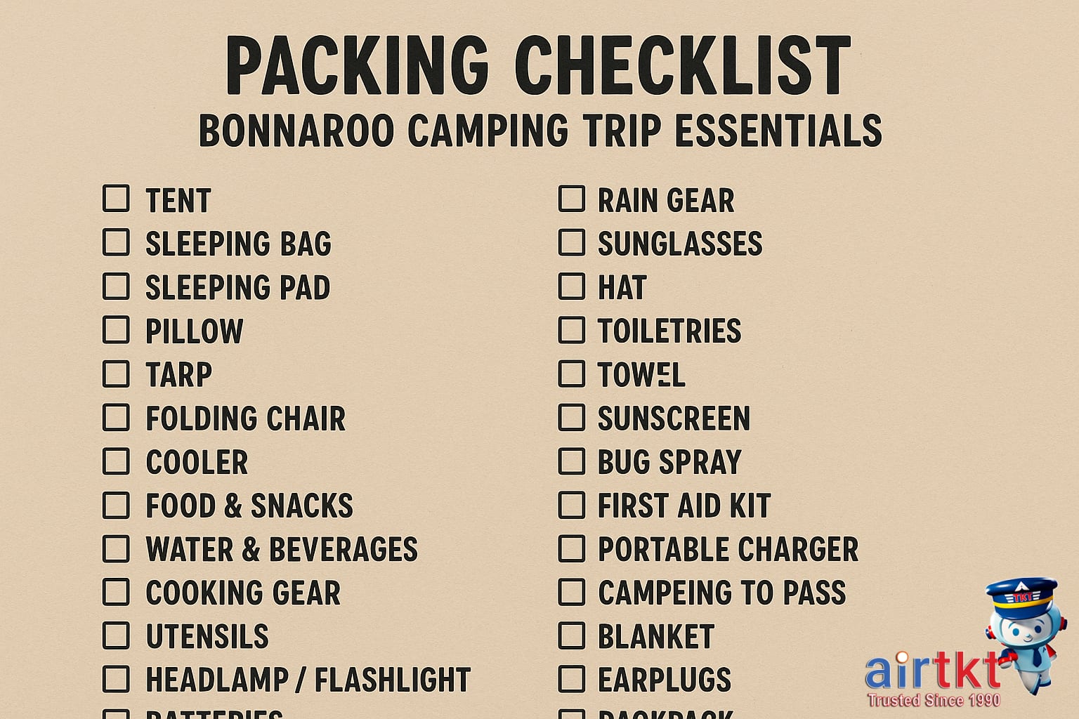 Bonnaroo camping packing checklist essentials with camping gear illustrated in color