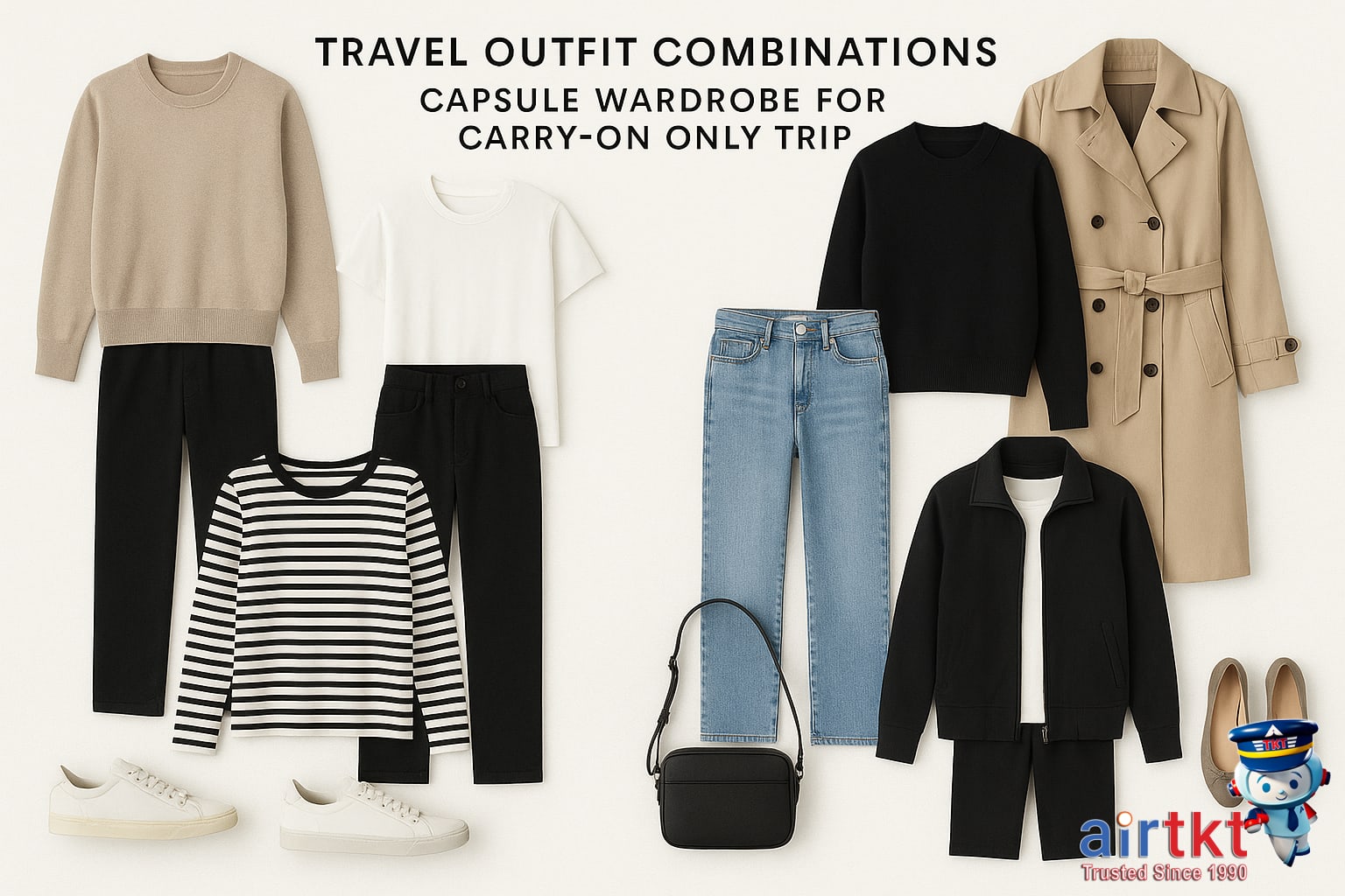 Travel outfit planning for carry-on only trip with capsule wardrobe pieces and accessories