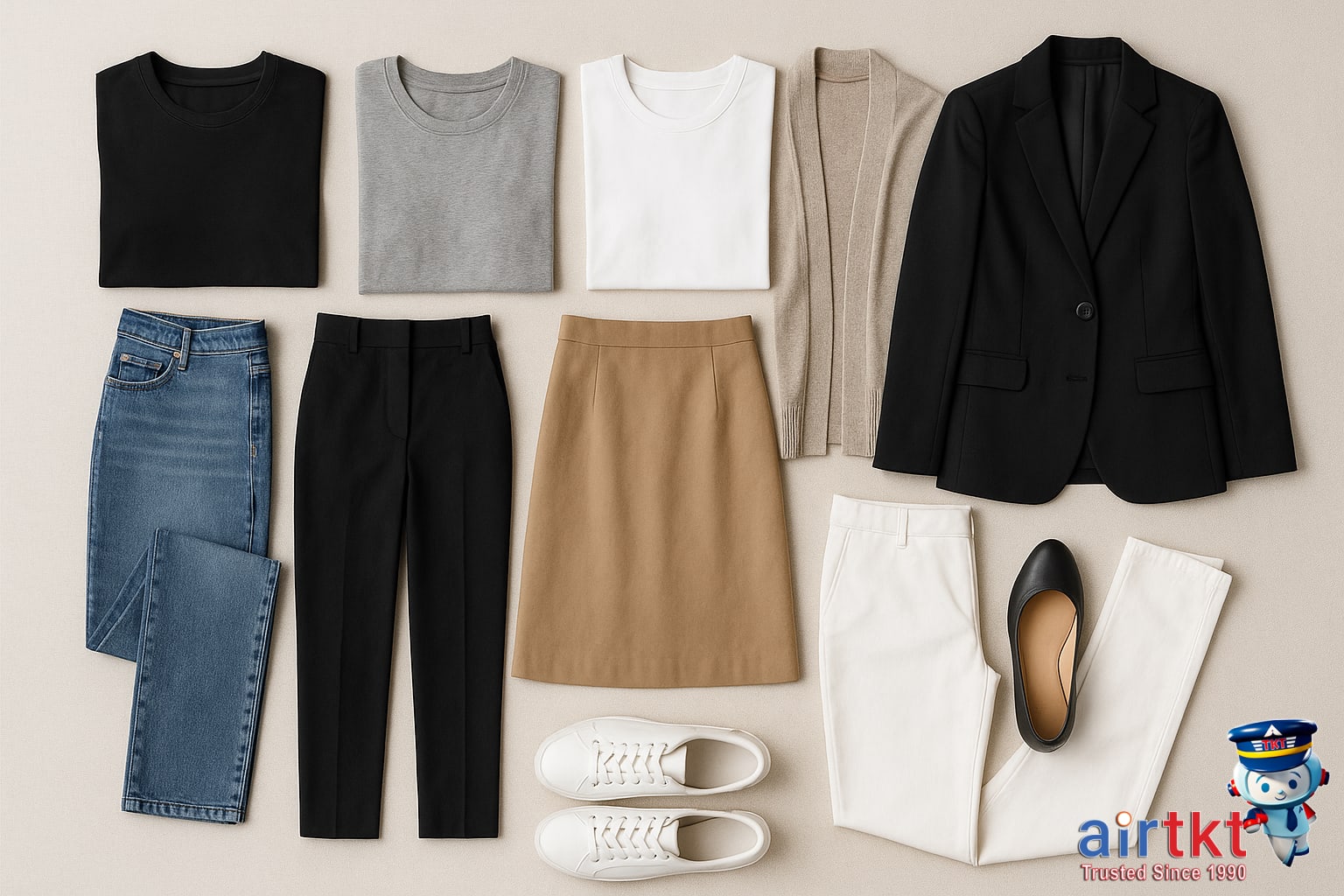 Capsule wardrobe pieces for light packing two weeks laid out flat