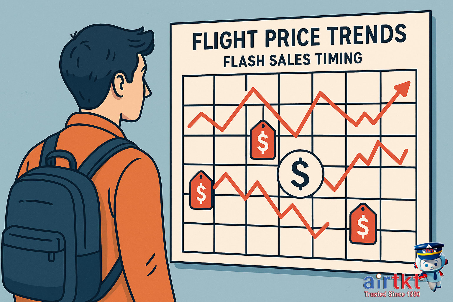 Traveler checking calendar and flight price trends for flash sales timing