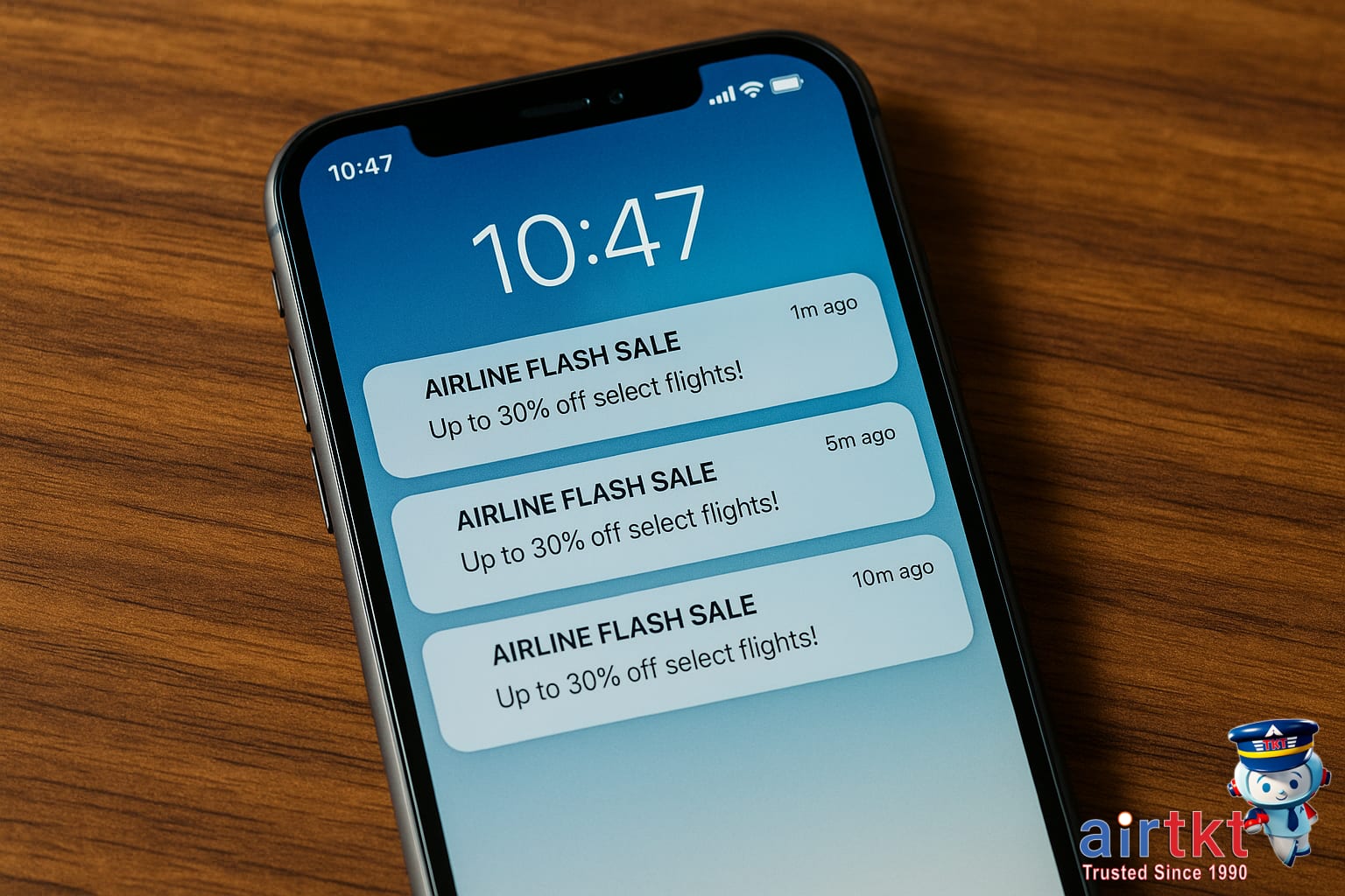 Mobile phone displaying airline flash sales notifications and alerts