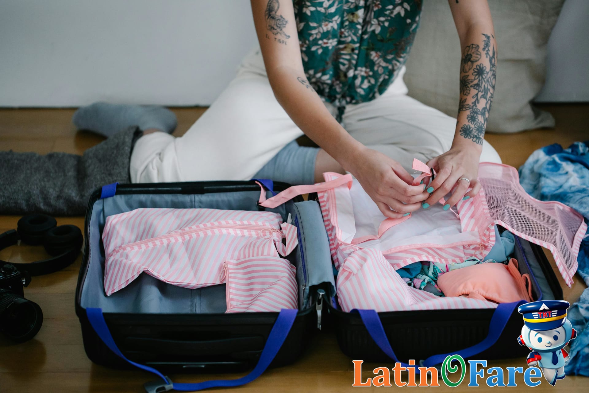Budget traveler checking in baggage for Latin America journey