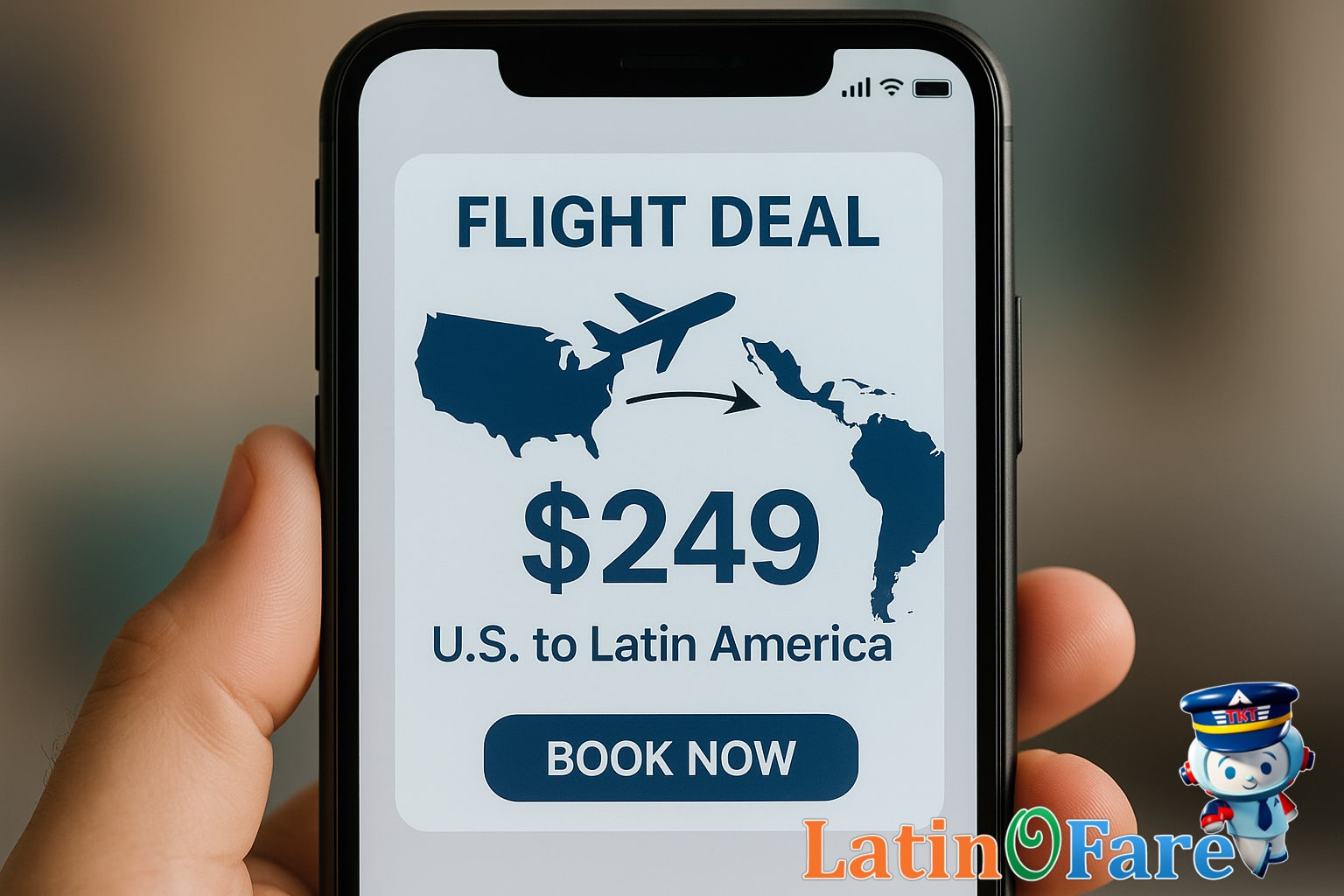 Phone displaying real-time flight deal alert for US to Latin America route