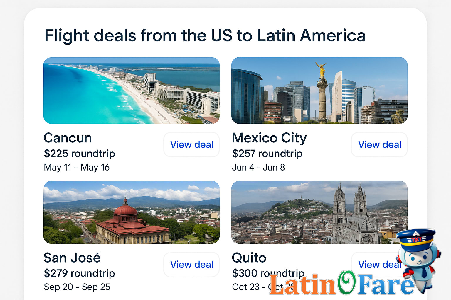 Laptop screen displaying discounted flights US to Latin America.