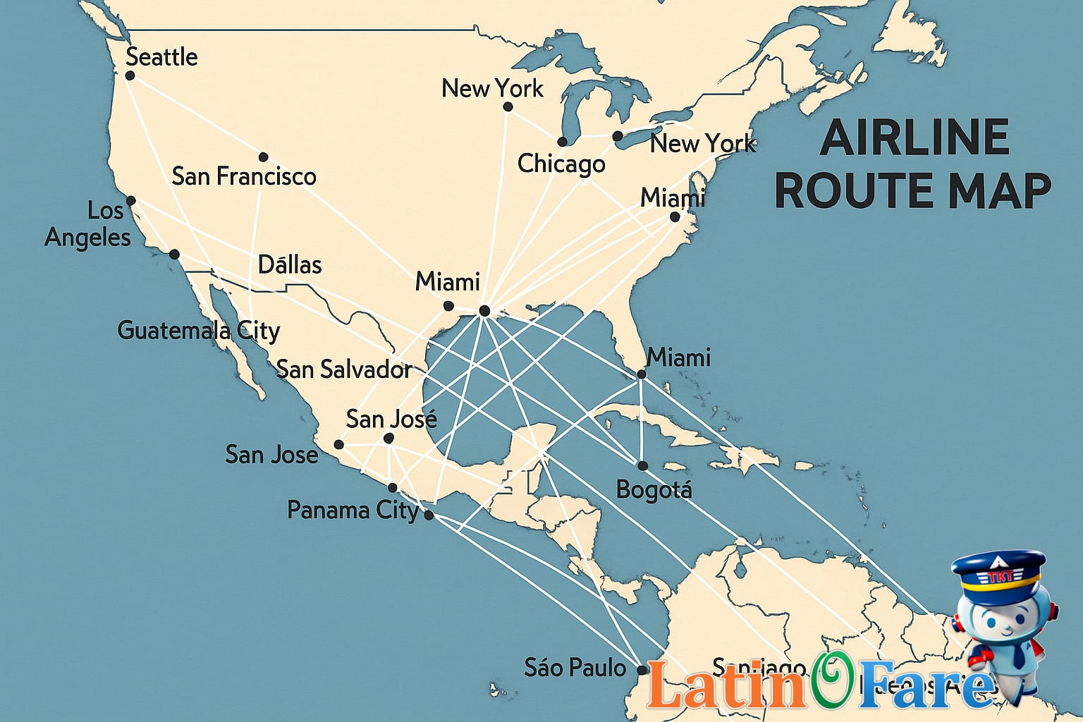 Map highlighting top US to Latin America flight paths and deals.