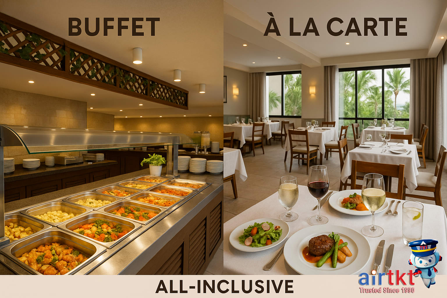 Dining variety at all-inclusive resorts buffet a la carte drinks station and table