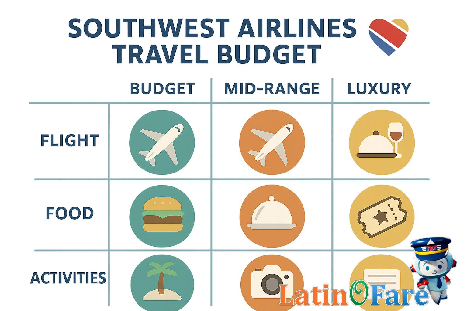 Sample Southwest Airlines travel budget by tier for flight, food, activities breakdown.