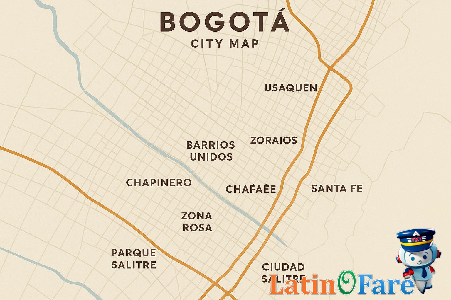 Bogotá city map highlighting key tourist neighborhoods for first-time orientation and transit planning.