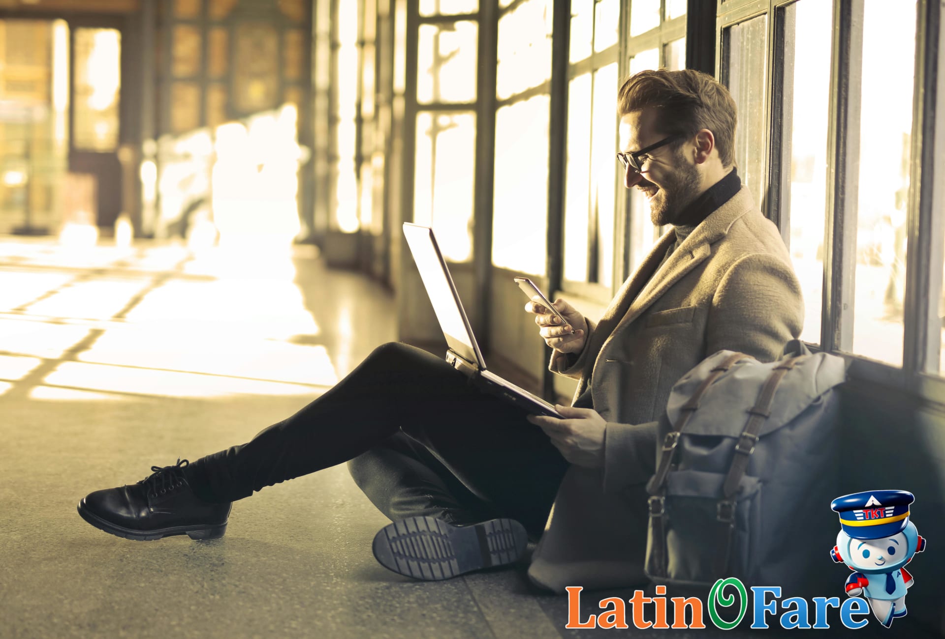 Man using booking platform to compare Independence Day accommodation and travel costs for summer holiday.