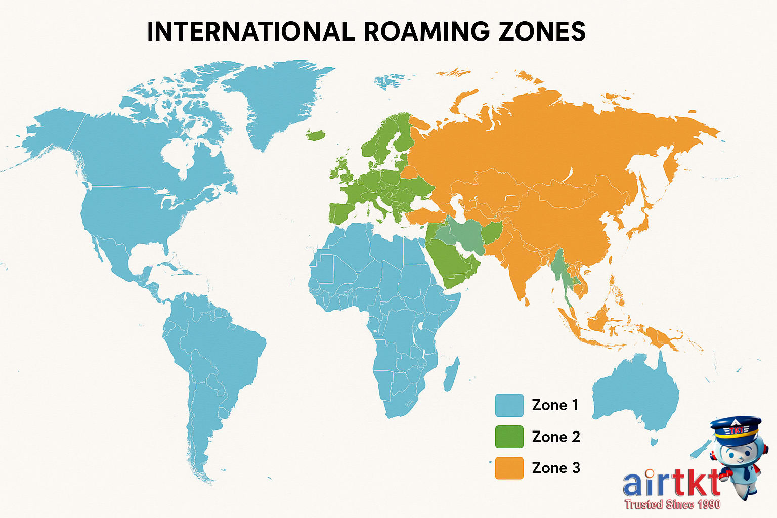 Map displaying international roaming zones and coverage around the globe