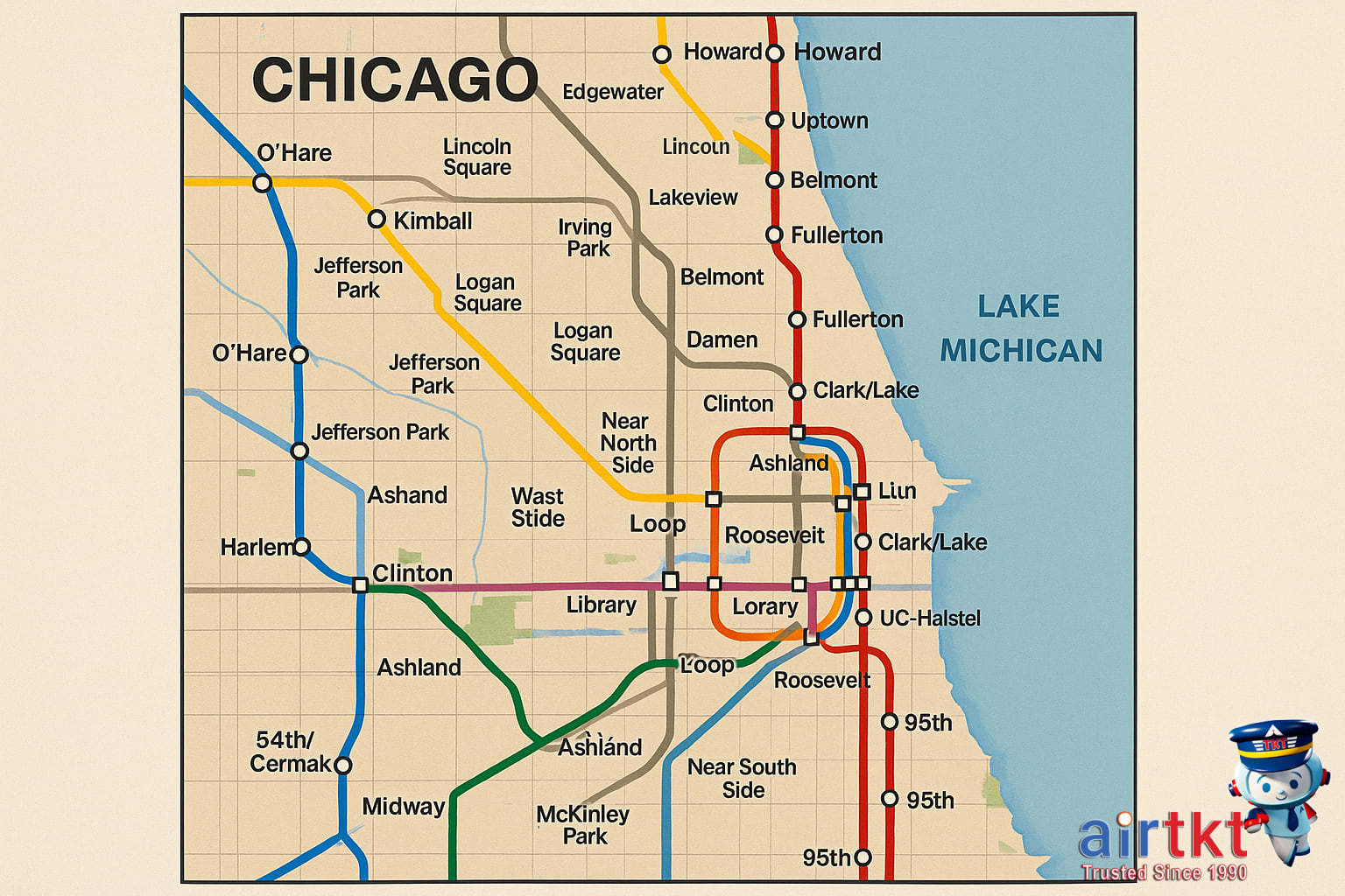 Map of Chicago showing L train routes and key stops for travel planning