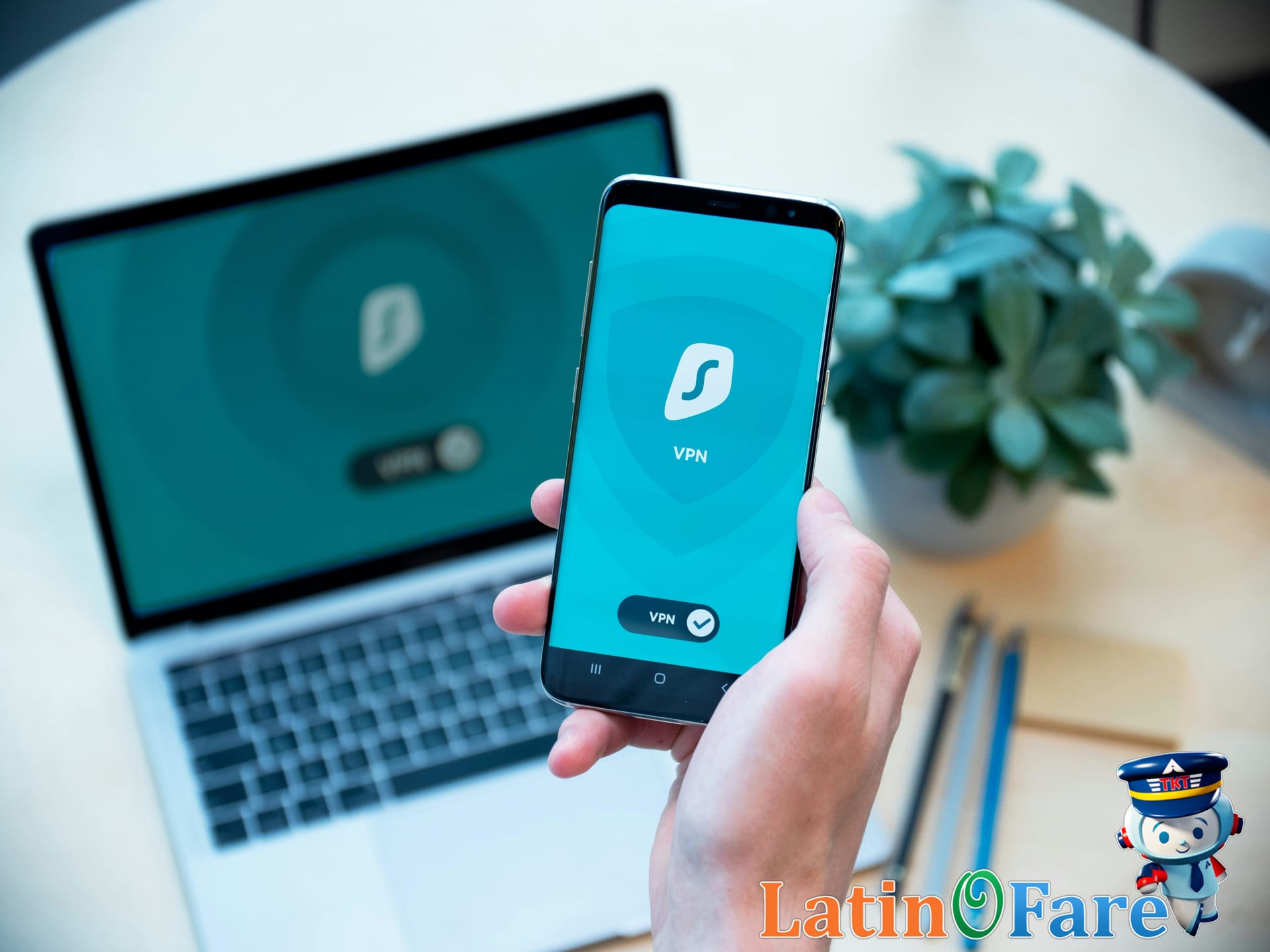 Close-up of hand holding smartphone with VPN app for travel online security