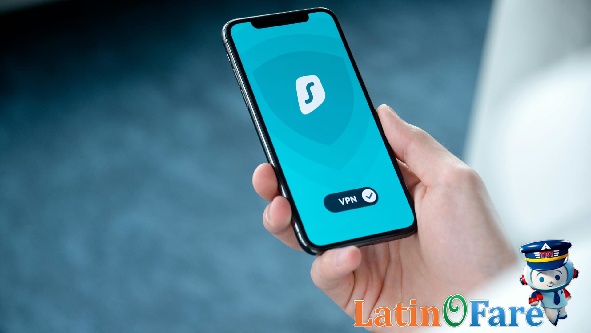 Mobile device showing VPN app for secure travel internet access on public Wi-Fi