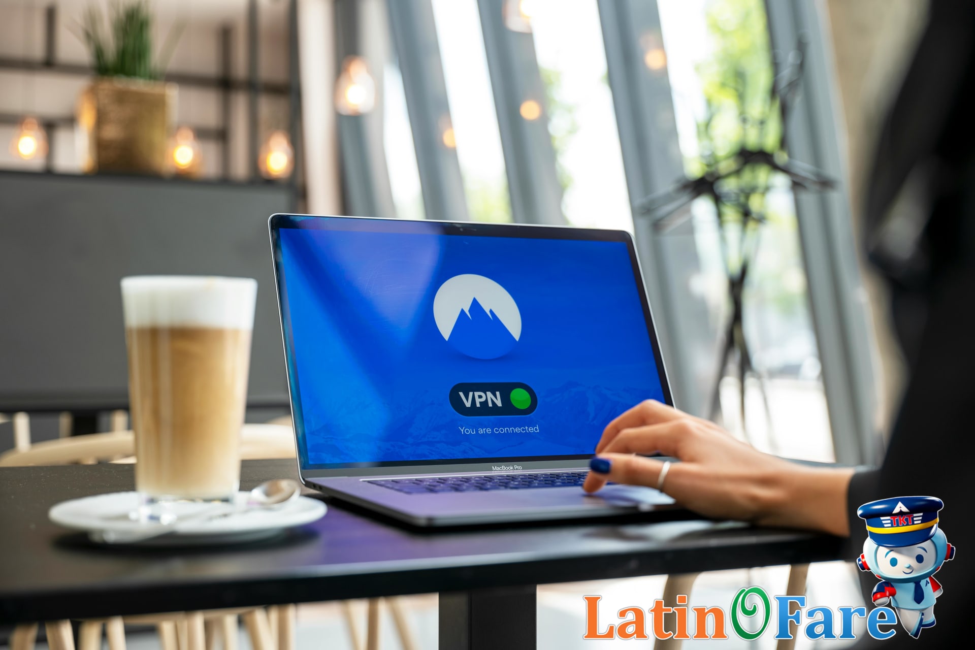 Traveler using VPN on laptop while connected to airport public Wi-Fi
