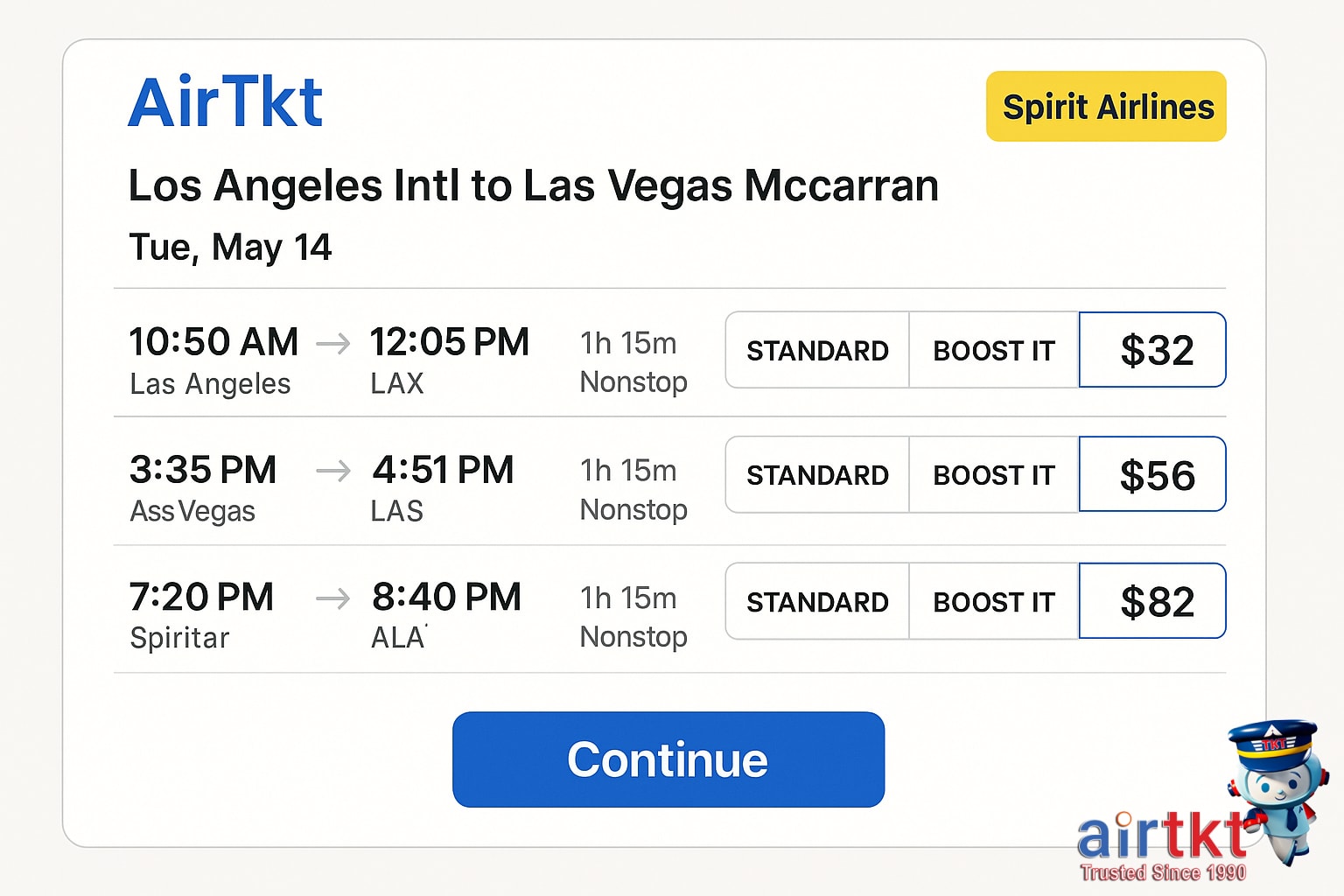 Booking Spirit Airlines flights on AirTkt platform online interface display