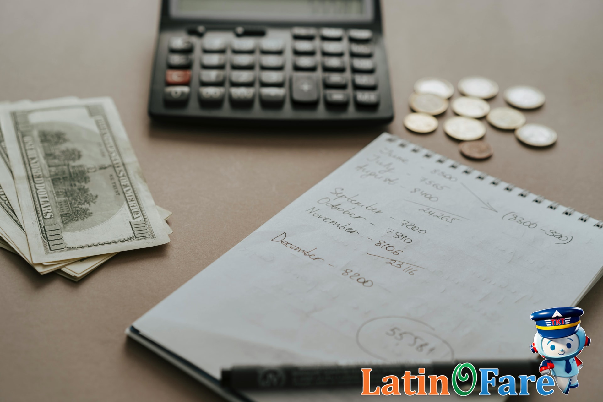 Budget calculation scene with flight tickets, calculator, and city postcards for multi-city trip