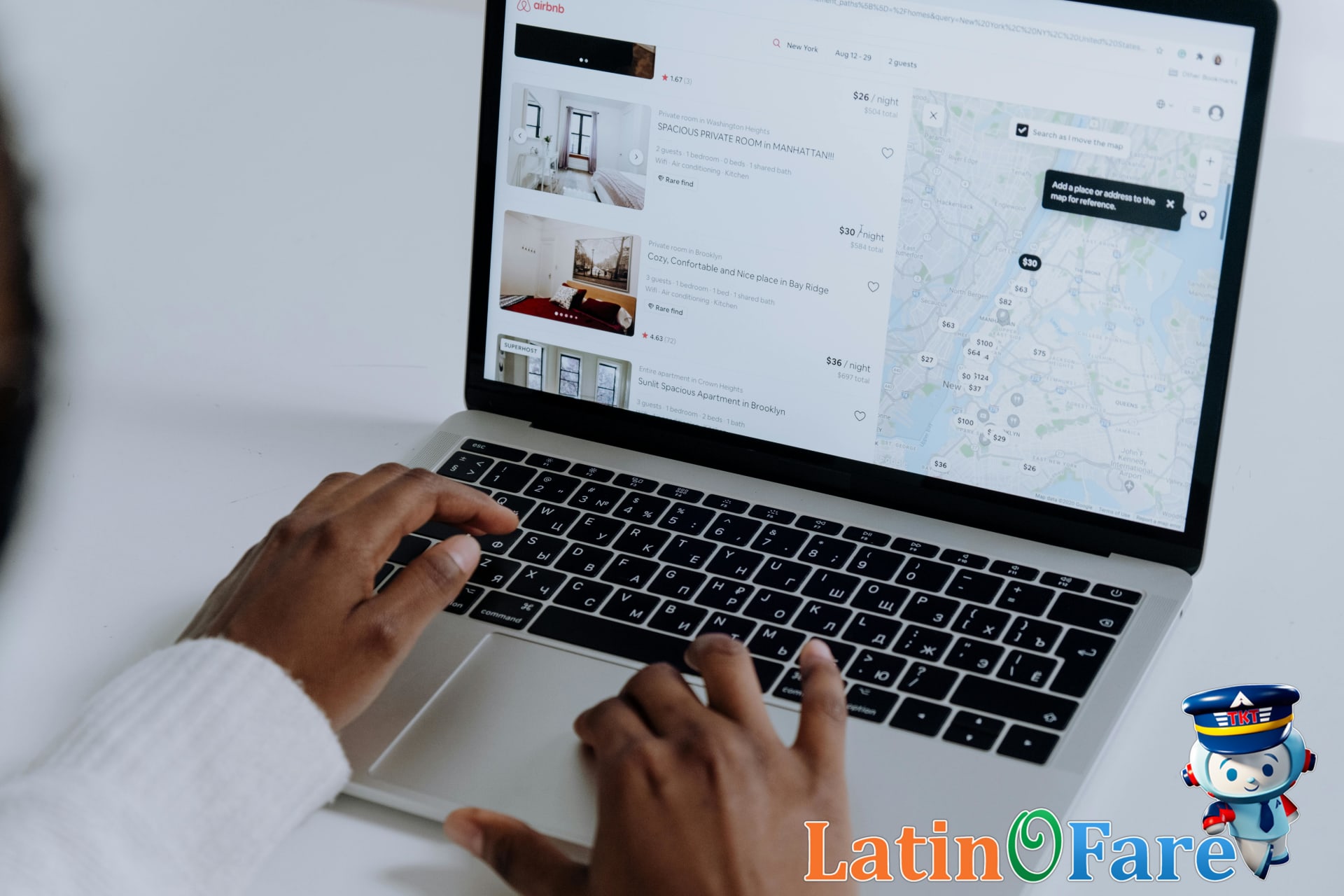 Open laptop displaying multi-city flight search with colorful map and passport nearby