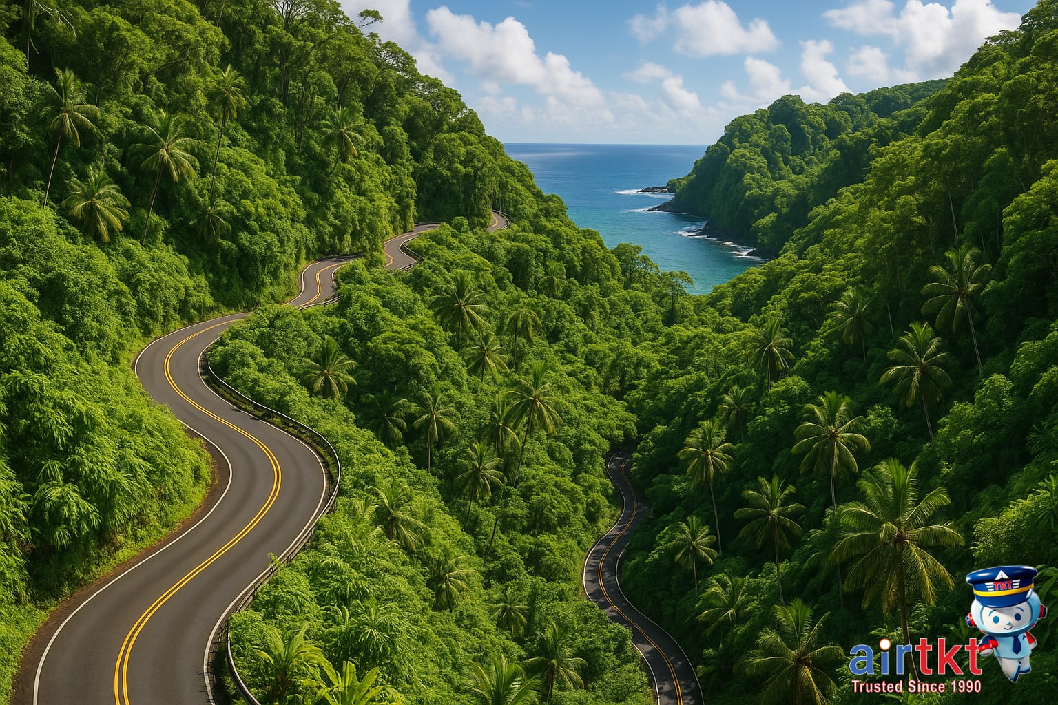 Winding Road to Hana through Maui rainforest and coastline, with lush greenery and seaside cliffs