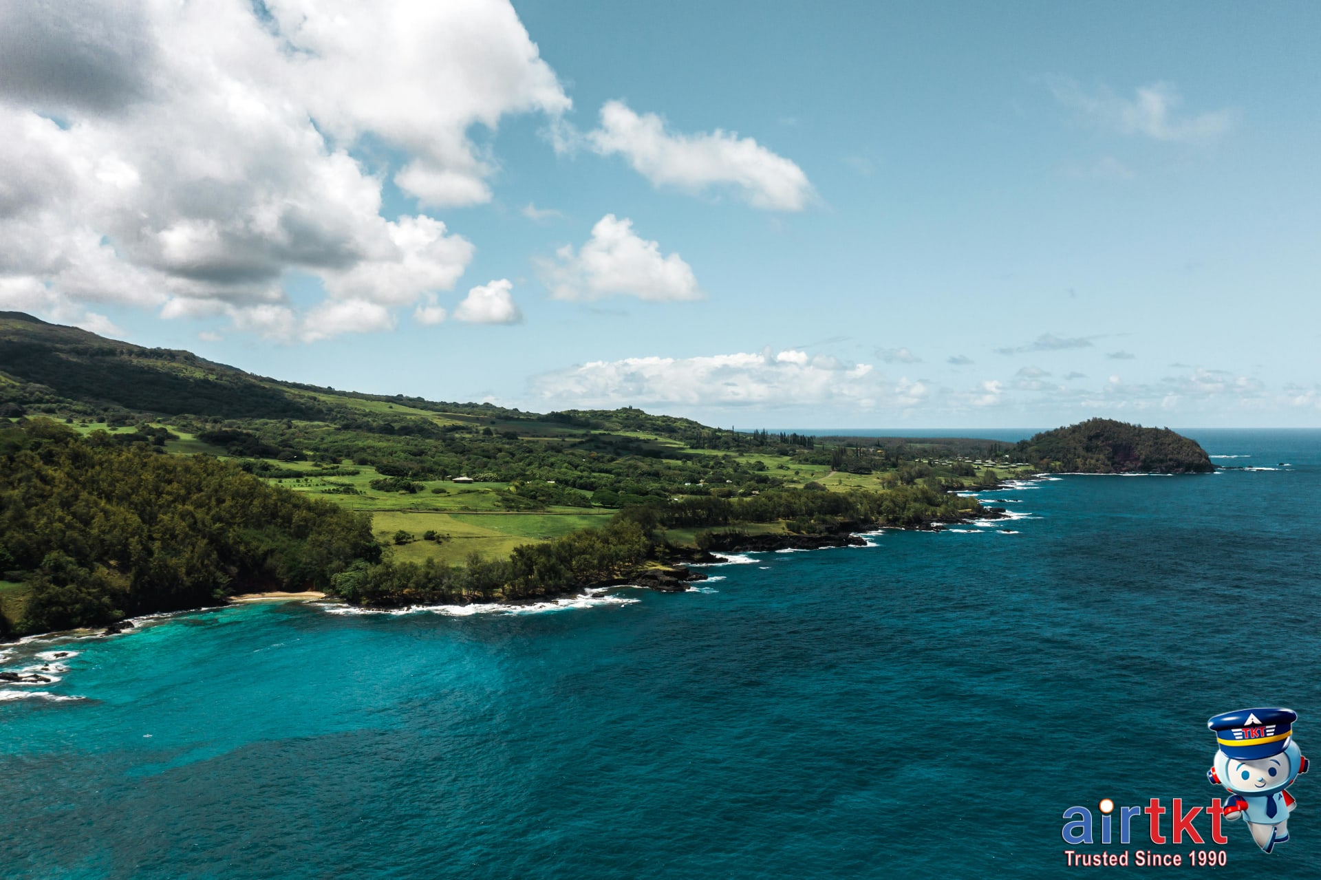 A breathtaking aerial view of Maui showing coastline, beaches, and the Road to Hana winding through lush landscape