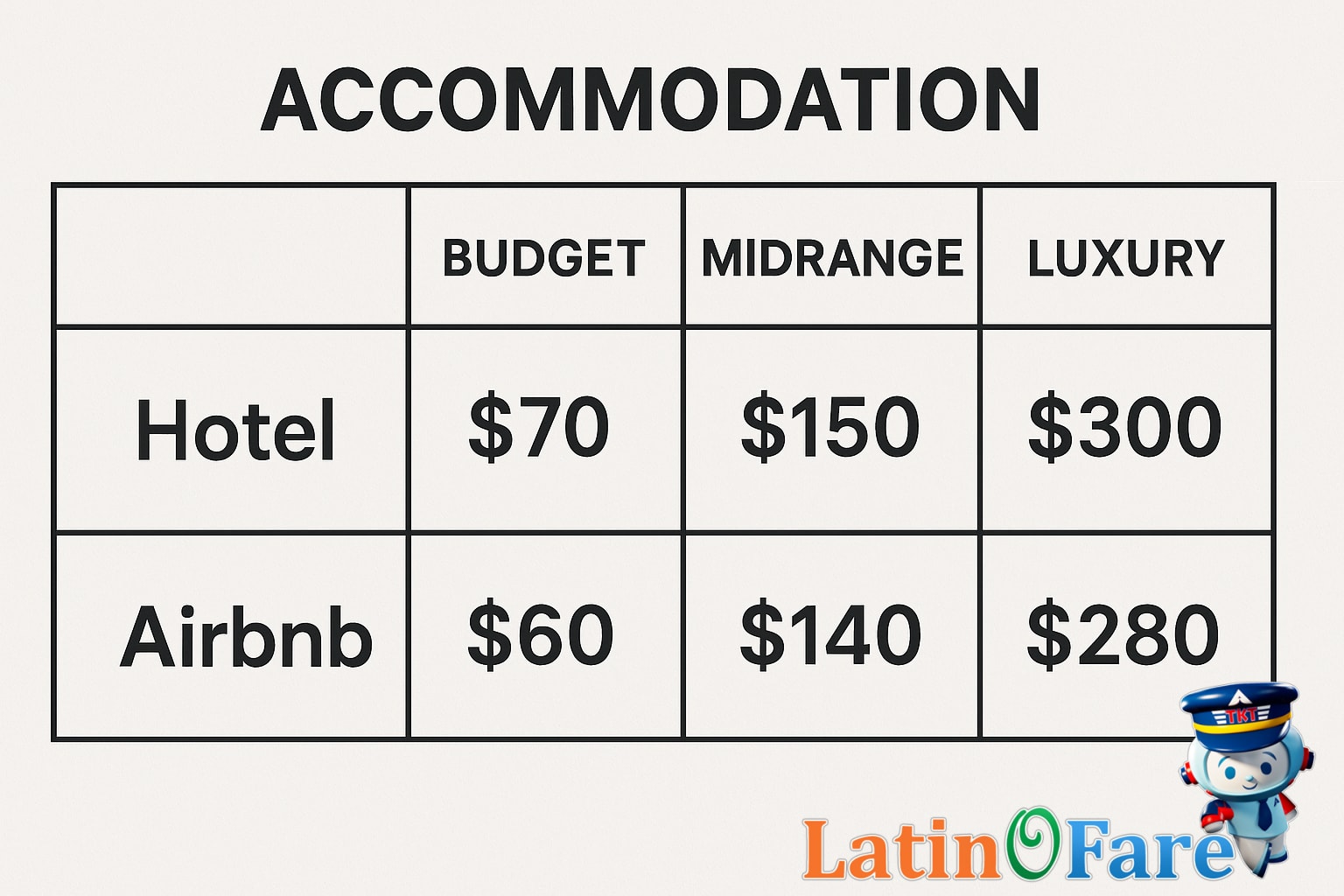 Accommodation budget table comparing hotel vs Airbnb prices in budget, midrange, and luxury travel categories