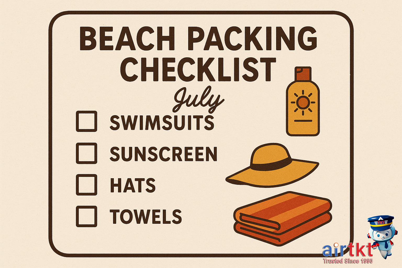 Packing essentials like swimsuits, sunscreen, and hats for July beach travel