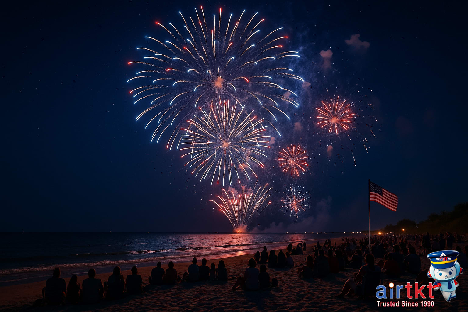Independence Day fireworks lighting up July beach night sky over ocean