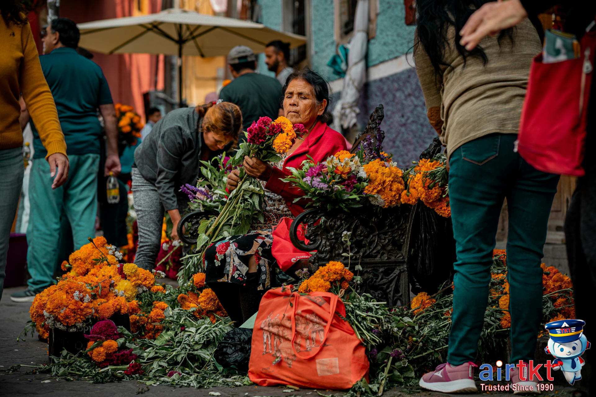 Vibrant marigold flowers decorating streets for Day of the Dead in Mexico