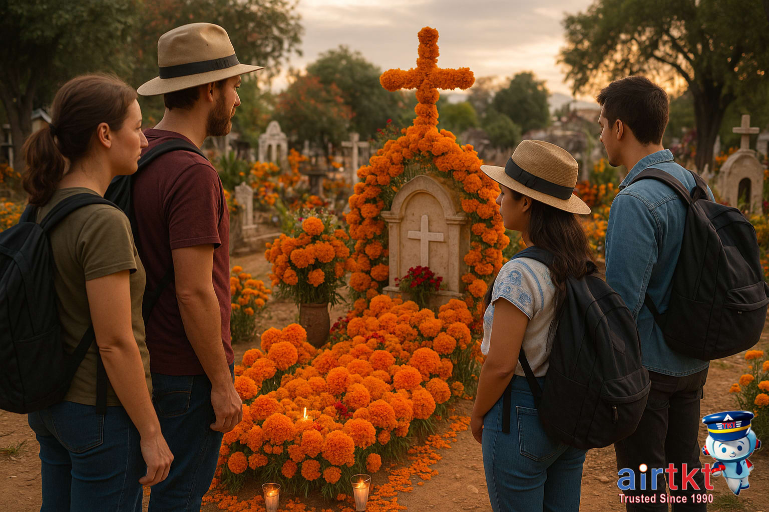 Travelers at decorated gravesite in Oaxaca during Day of the Dead