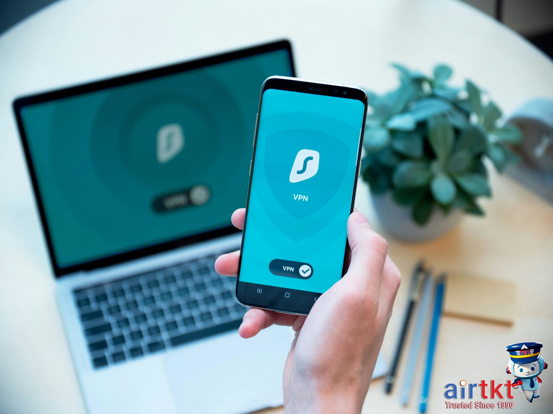 Traveler setting up VPN on smartphone for secure travel connections abroad