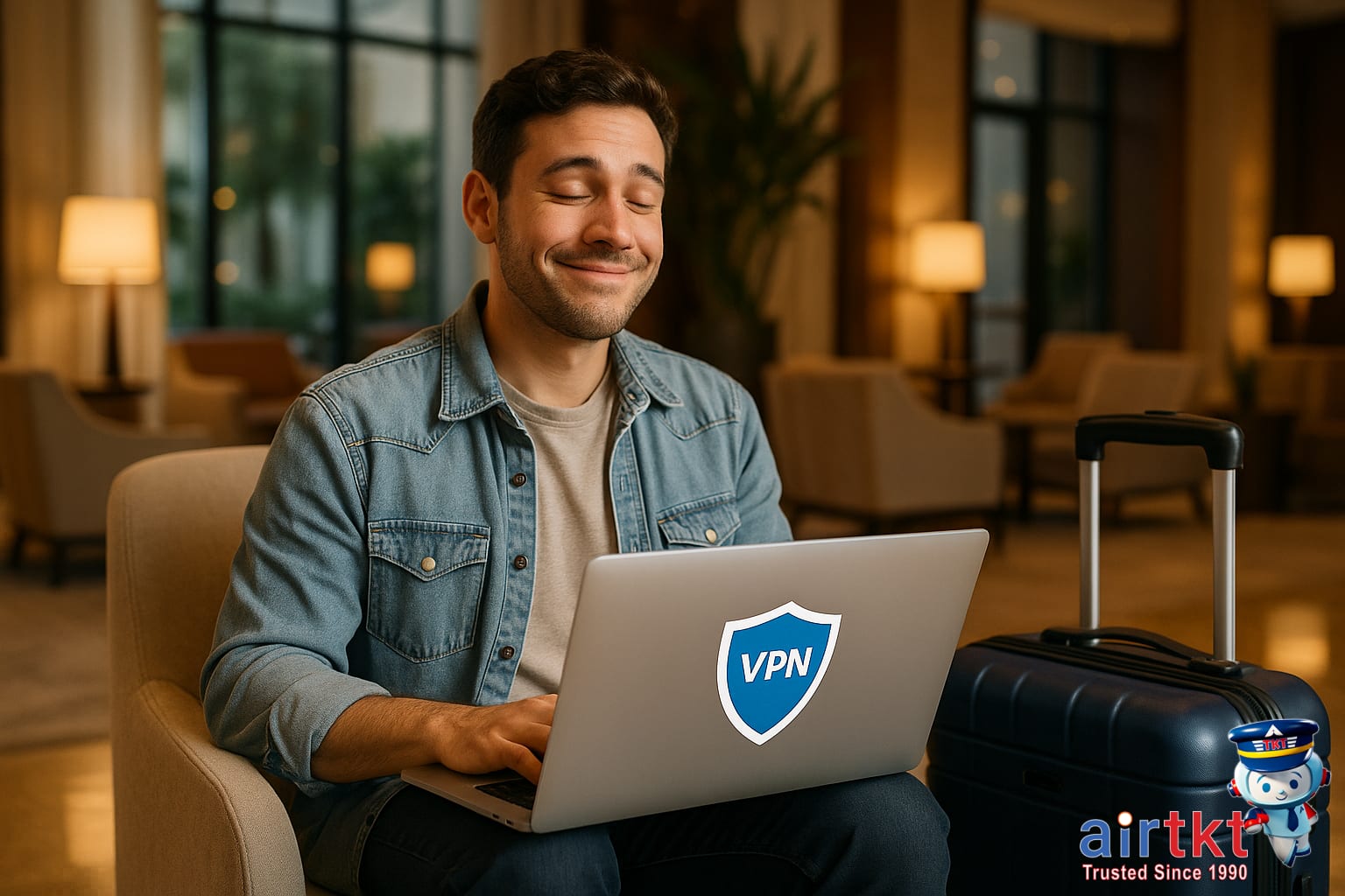 Traveler using VPN at hotel lobby for extra travel safety and privacy