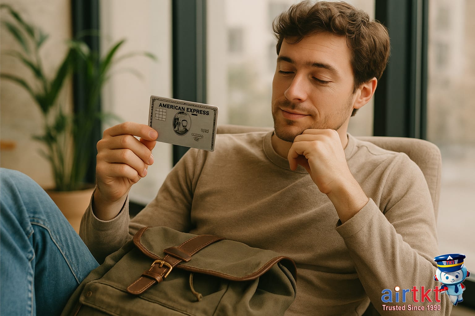 Satisfied traveler with Amex Platinum card value conclusion at airport lounge seating
