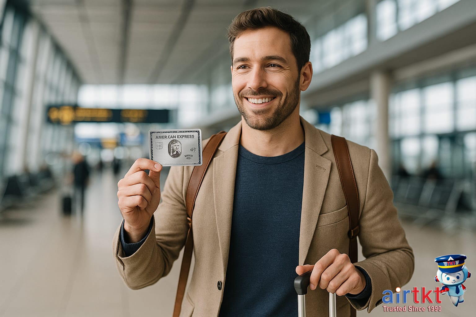 Amex Platinum card traveler use at busy airport terminal with carry-on bag