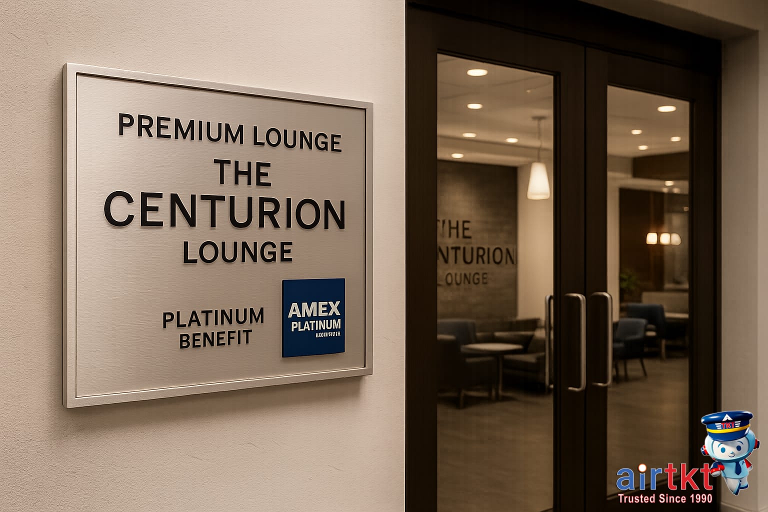 Entrance sign for Centurion Lounge Amex Platinum benefit at the airport terminal