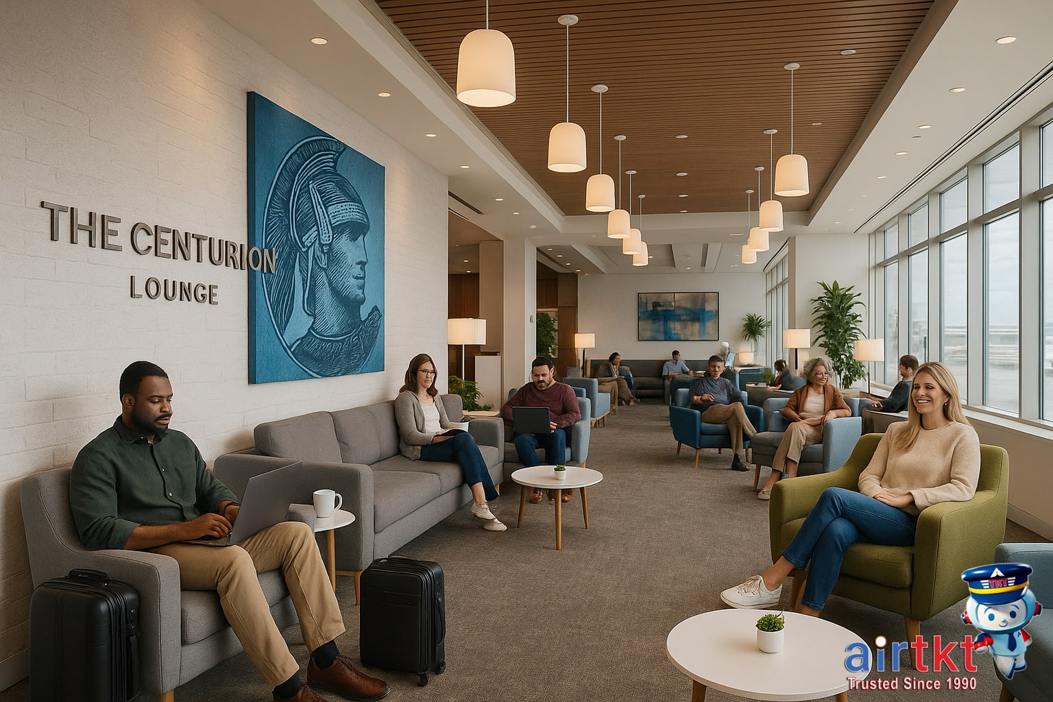 Amex Platinum lounge access featuring Centurion Lounge interior with relaxed travelers enjoying seating areas