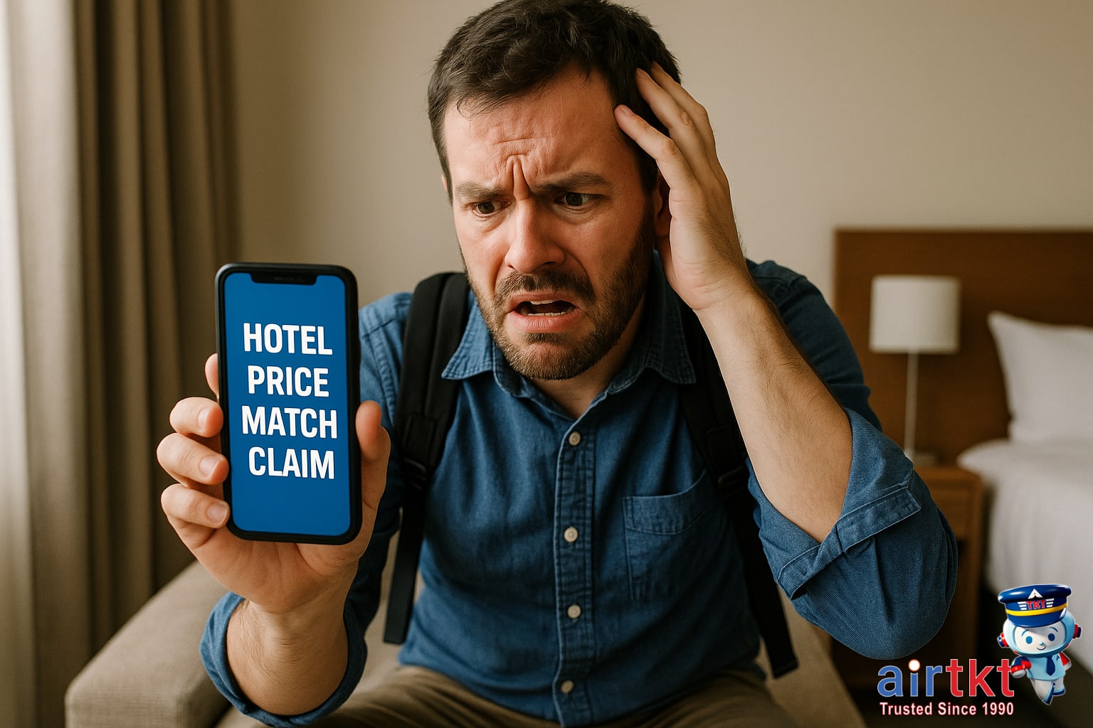 Traveler facing issues making hotel price match claim on phone appearing frustrated
