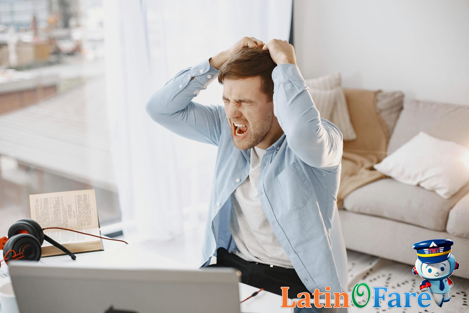 Traveler reacting to missing a Cyber Monday deal mistake on booking site laptop for Black Friday.