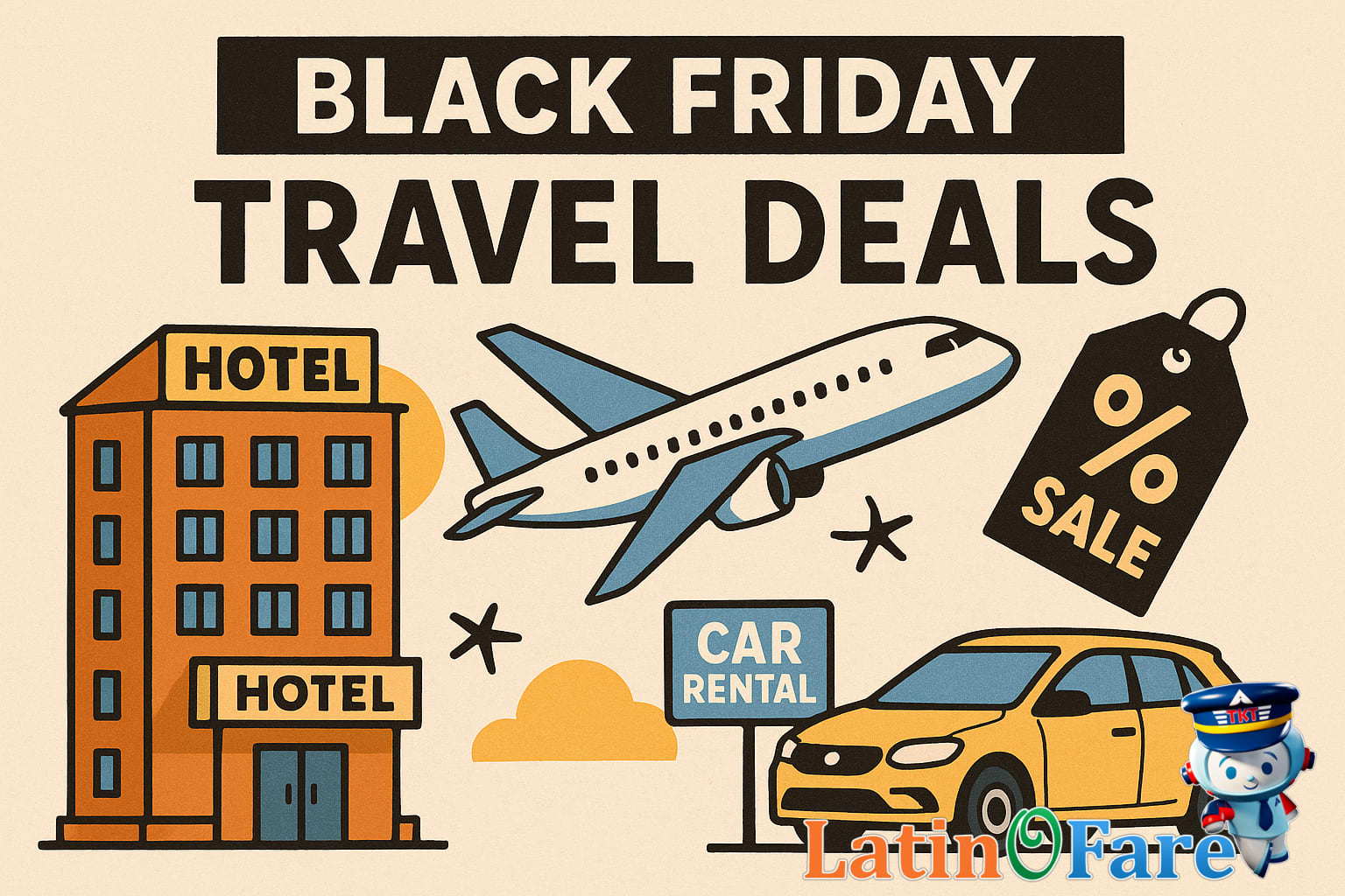 Visual summary of Black Friday travel deal budgets for hotel, plane, and car rental categories.