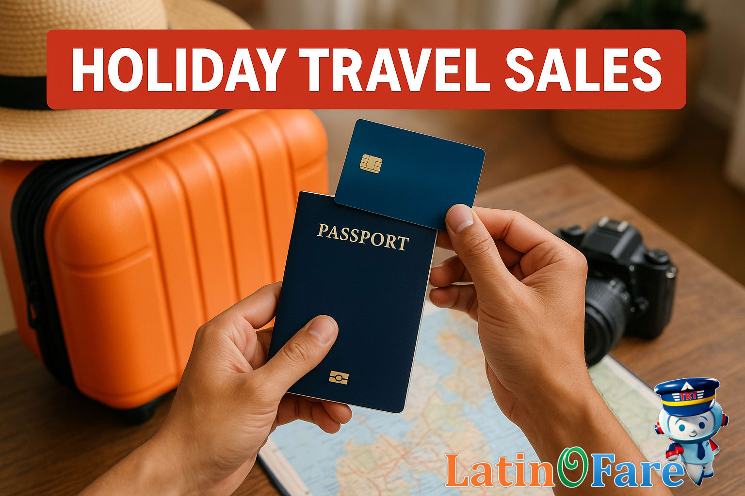 Traveler ready with credit card and passport to purchase Black Friday travel deals online.