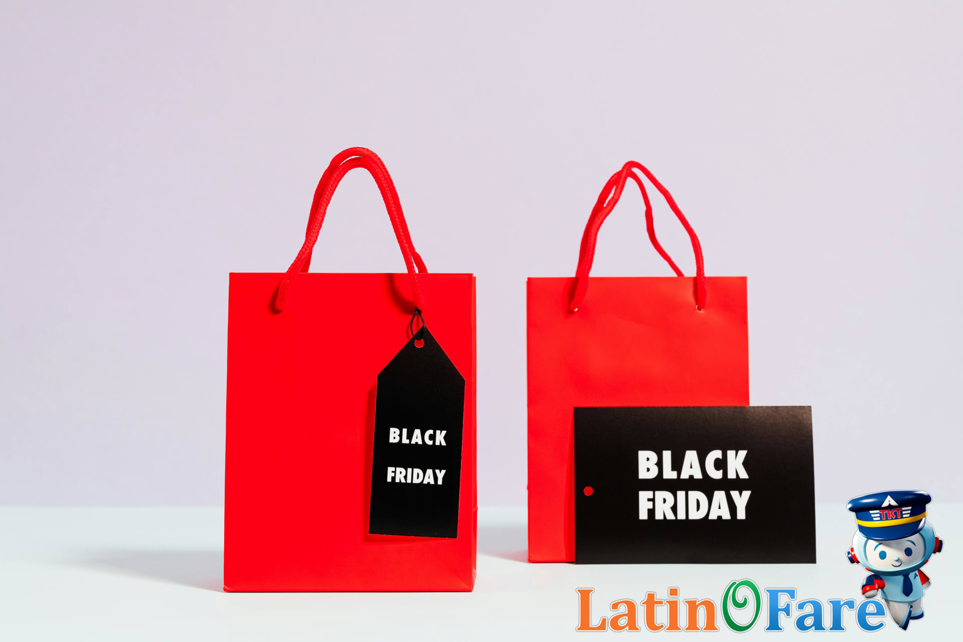 Travelers with Black Friday shopping bags at an airport terminal searching for cyber travel deals.