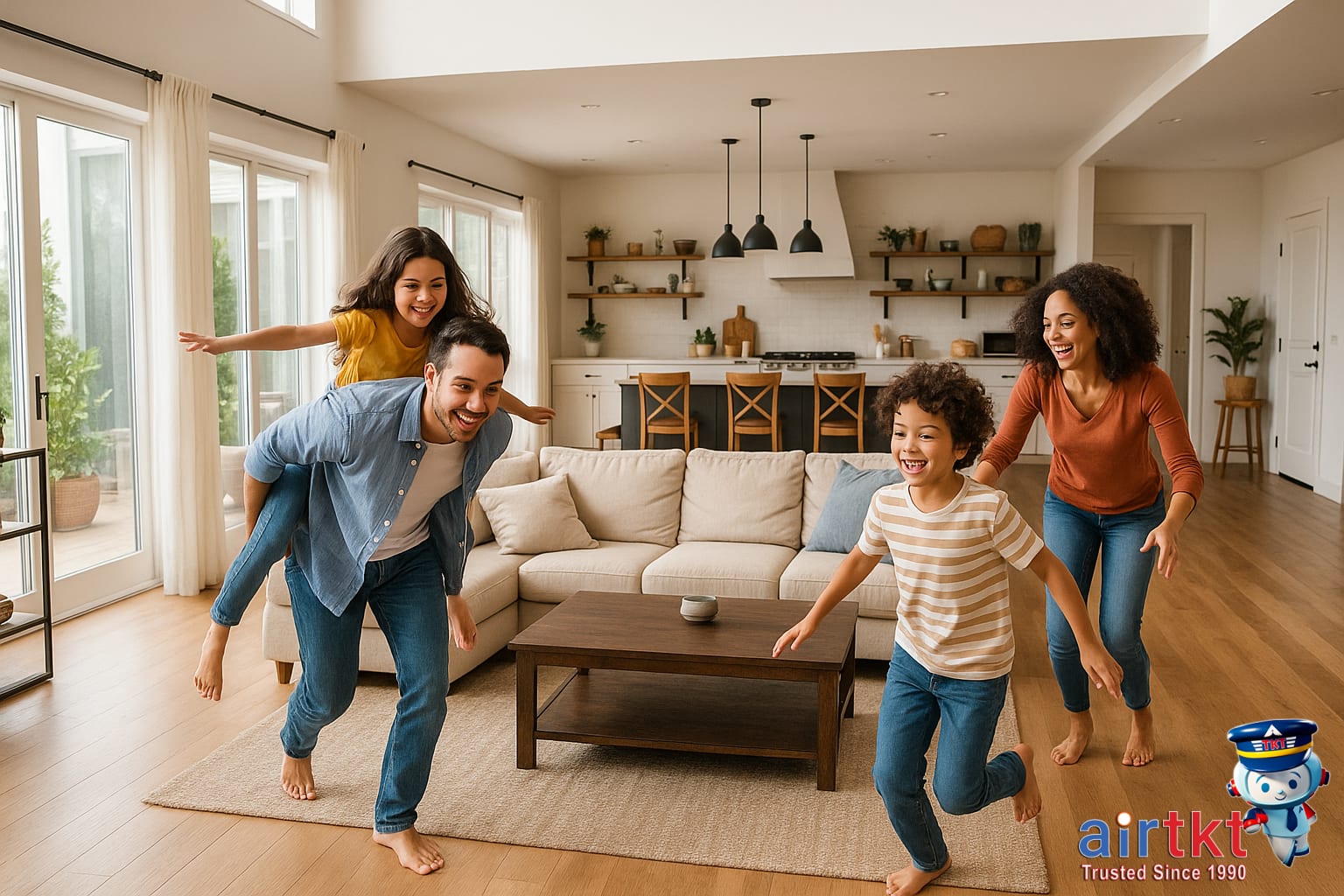 Family enjoying spacious Airbnb home benefits in a large living room