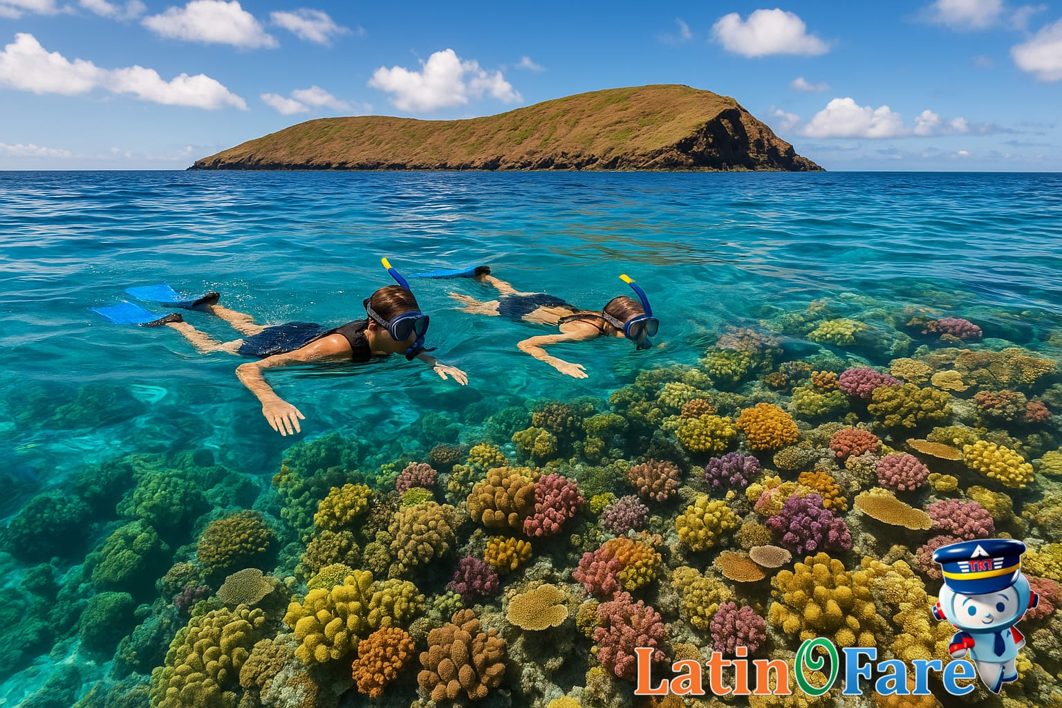 Snorkelers at Molokini Crater in Maui discovering vibrant coral reefs and tropical fish.