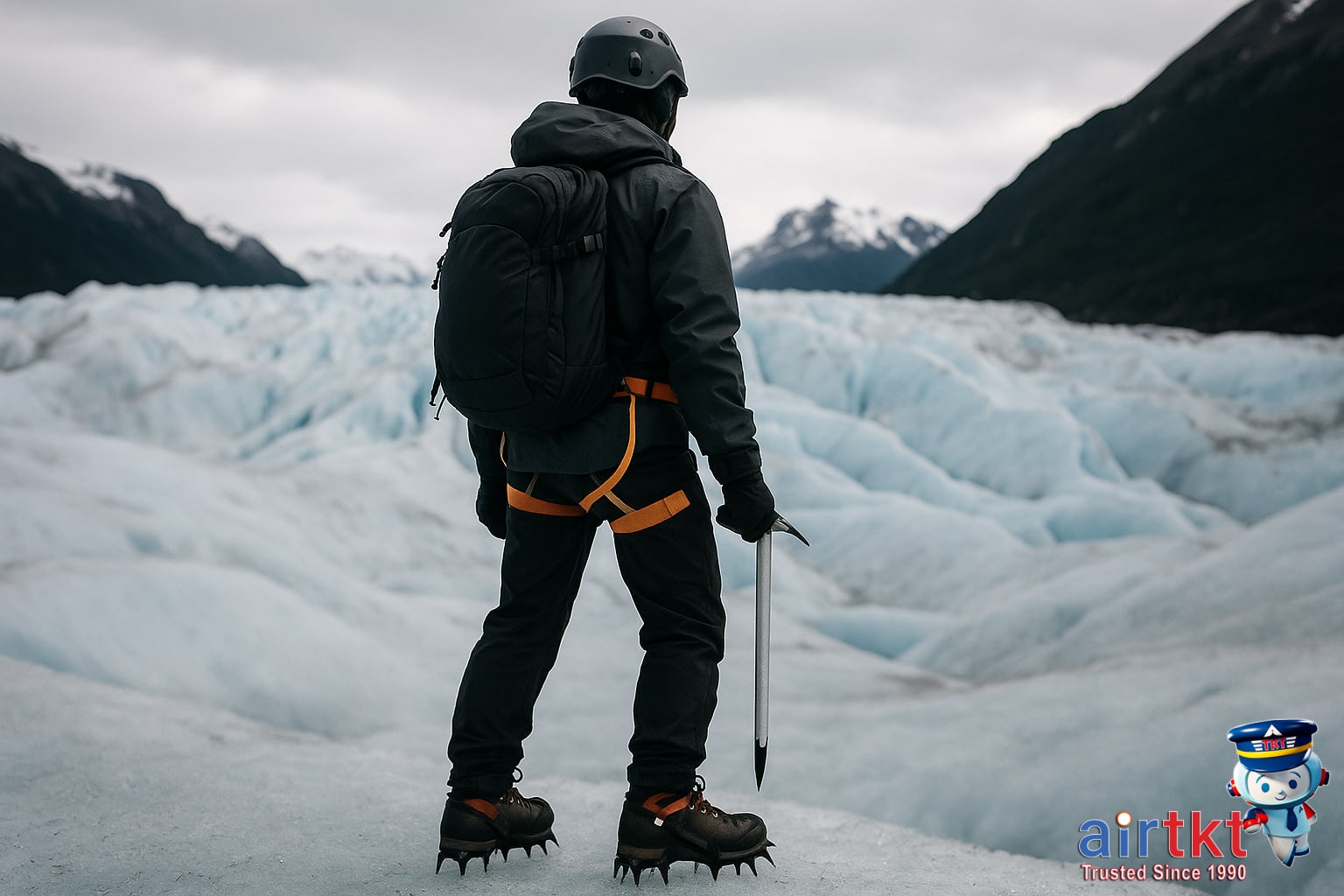Glacier hiking gear crampons and safety on icy Patagonia terrain
